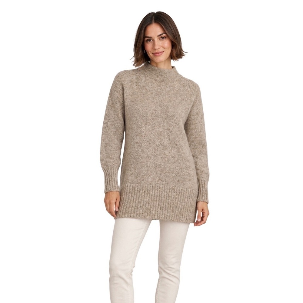 Club Monaco Classic Italian Yarn Taupe Mock Neck Tunic Sweater XS Modern Blend